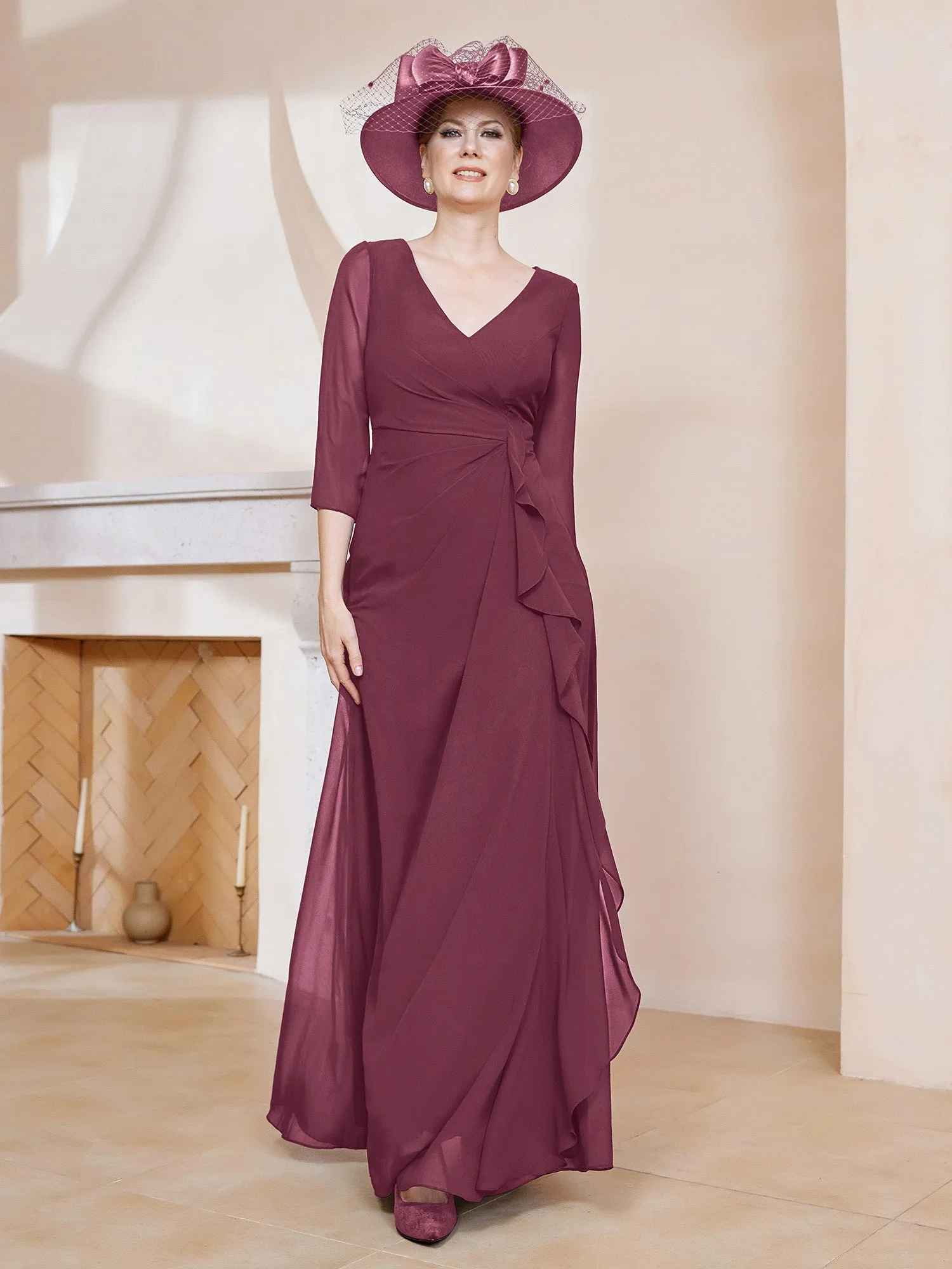 3/4 rmel V-Ausschnitt A-Linie Plissee Kleid Maulbeere