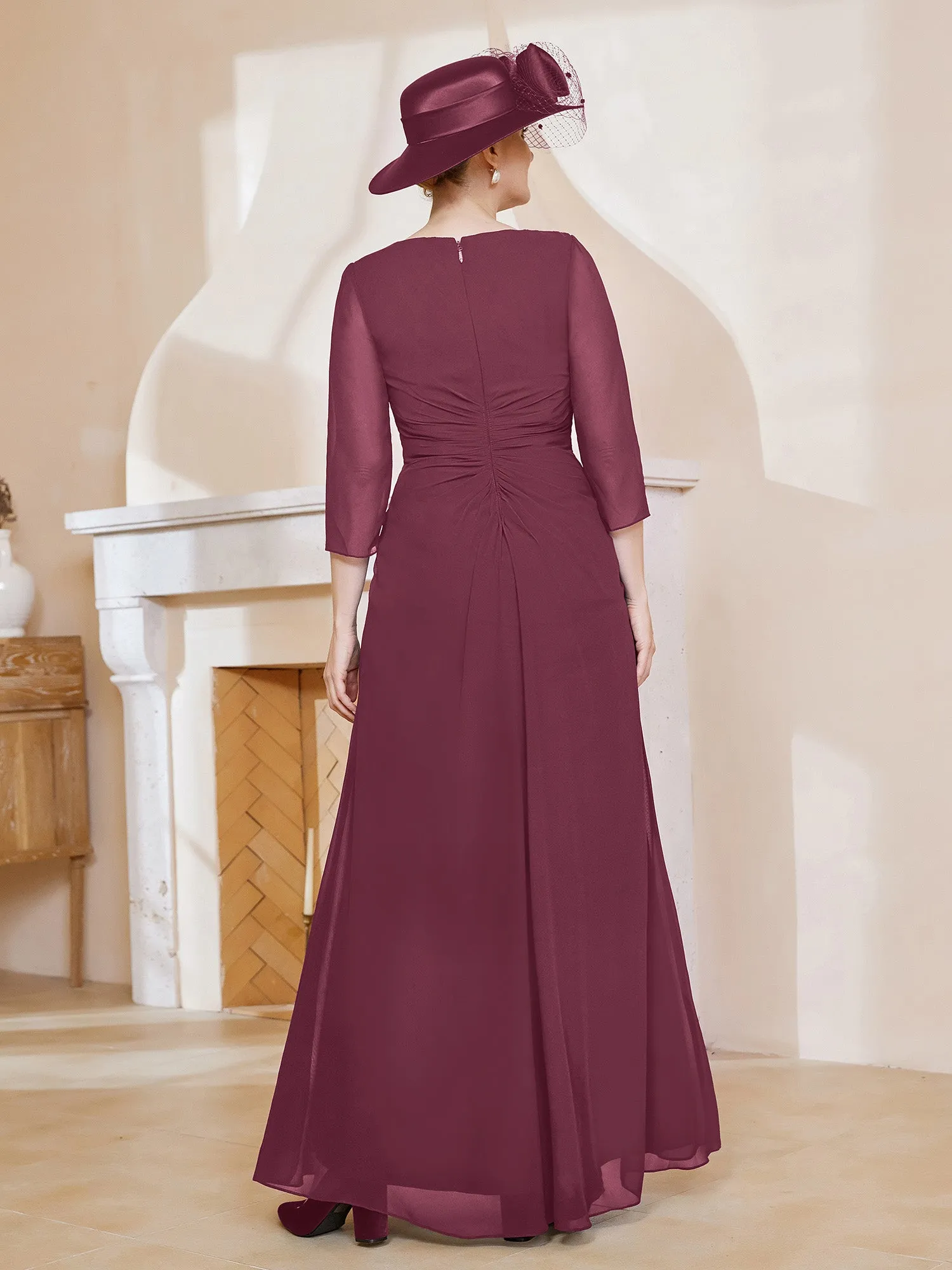 3/4 rmel V-Ausschnitt A-Linie Plissee Kleid Maulbeere